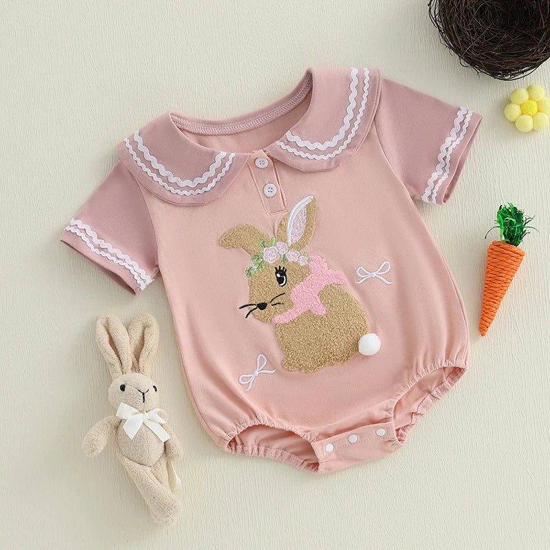 Adorable Infant Easter Jumpsuit with Sweetheart Neckline and Bunny Appliqué Short Sleeve Newborn Sailor Romper Outfit