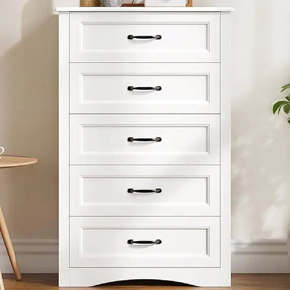 5-drawer dressing table, white wooden bedroom drawer cabinet, 43.3-inch large capacity storage cabinet with anti tipping device