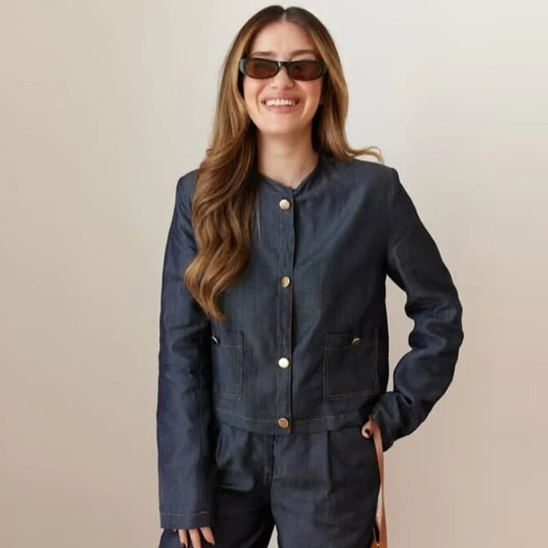 HXAO Woman 2025 Denim Pant Sets Women's Two Pieces Set Elegant Crop O-Neck Coat Suit Set 2 Piece Woman High Waist Trousers Sets