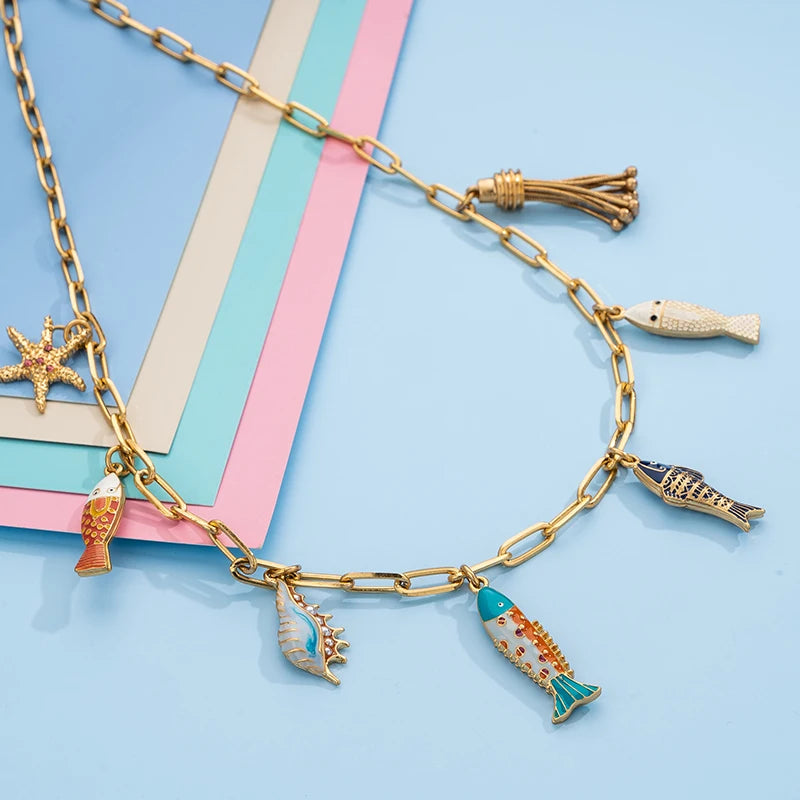 Bohemian sweater Necklaces for Women Fishes PendantsMermaid Tassels Marine Charms Birthday Party Chic Jewelry Beauty Accessories