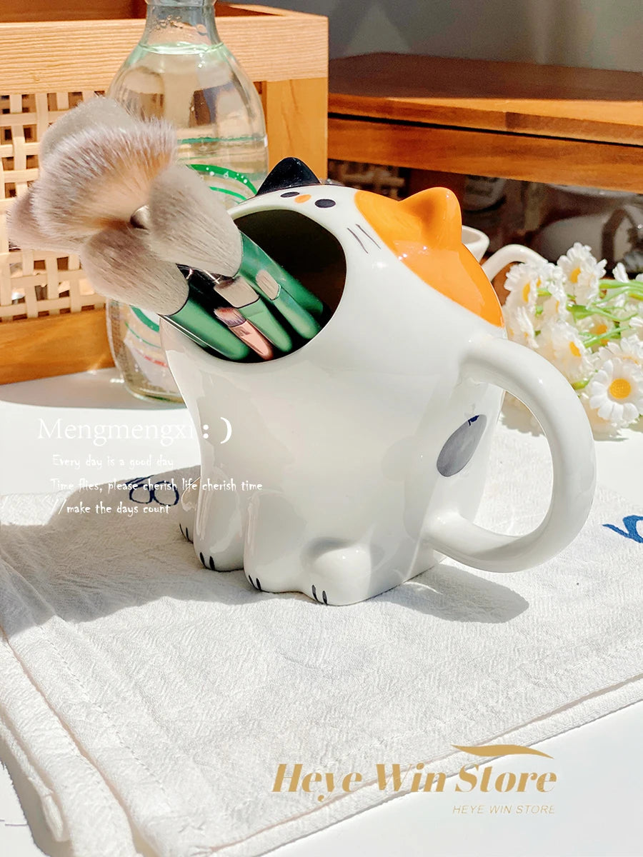 Cute Cat Mug, Cartoon Calico Cat Storage Rack, Desktop Pen Holder, Fun Gift Straw Cup, High-value Breakfast Milk Cup