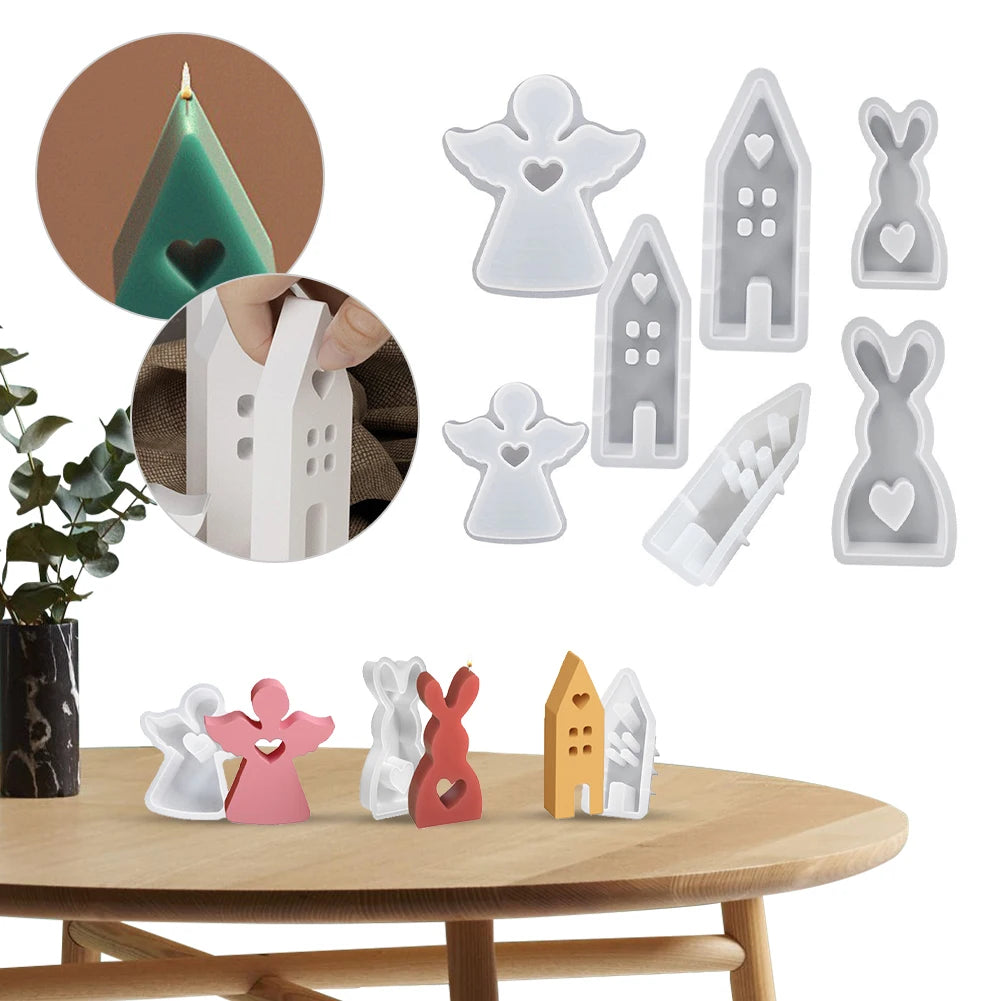 7Pcs Easter Silicone Molds House Rabbit Angel Resin Molds Casting Moulds for DIY Candle Candy Chocolate Soap