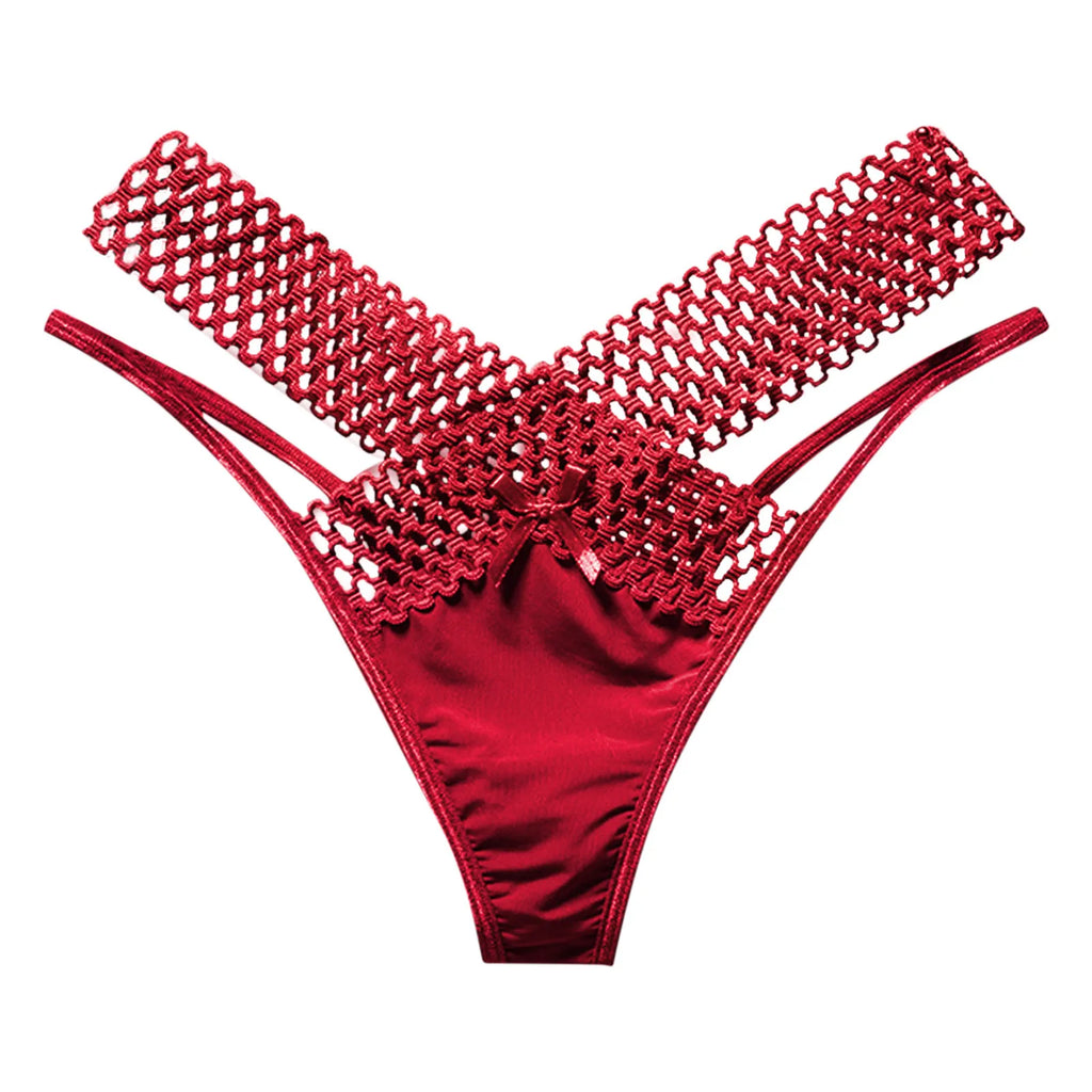 Fashion Low Waist Hollow Out Thongs French Style Bowknot Satin Silk Panties Solid Color Underwear Women Mesh Briefs Daily