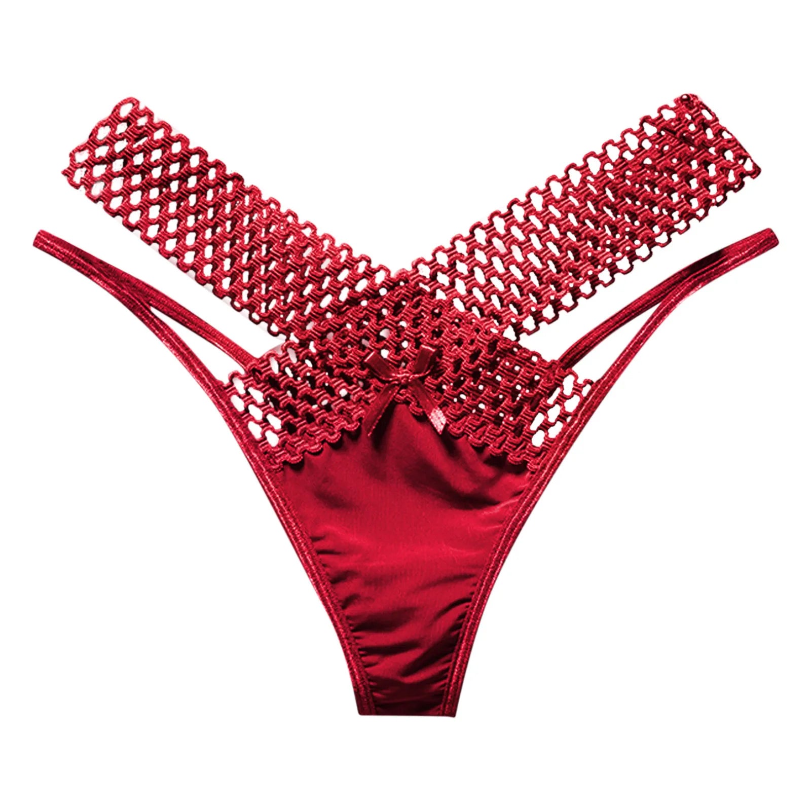 Fashion Low Waist Hollow Out Thongs French Style Bowknot Satin Silk Panties Solid Color Underwear Women Mesh Briefs Daily