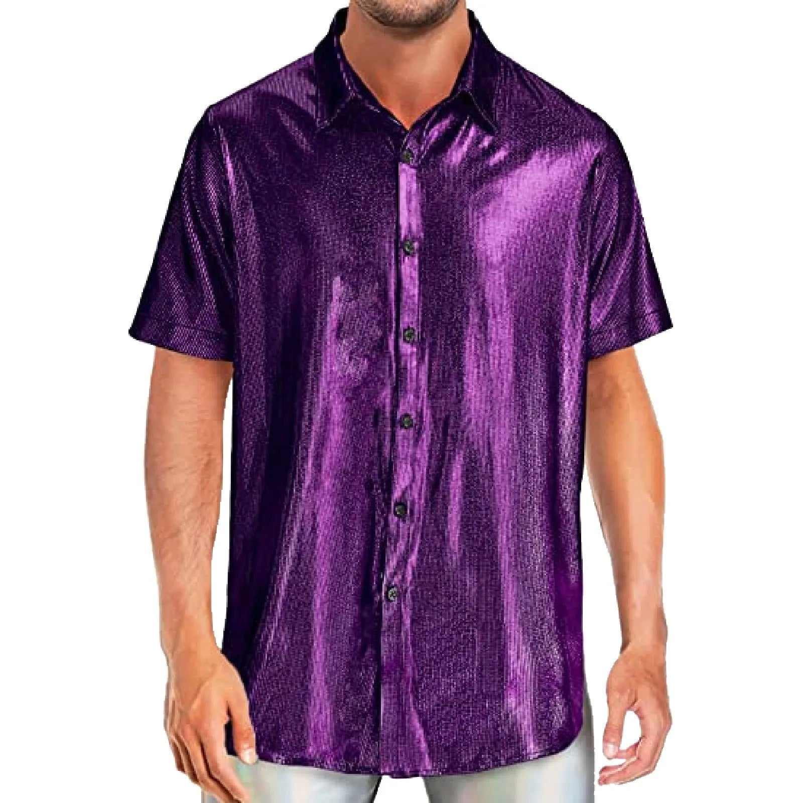 Mens Shiny Sequins Shirt Fashion Men's Performance Shirt Turn-Down Collar Short Sleeved Shirts For Club Party Disco Stage Show