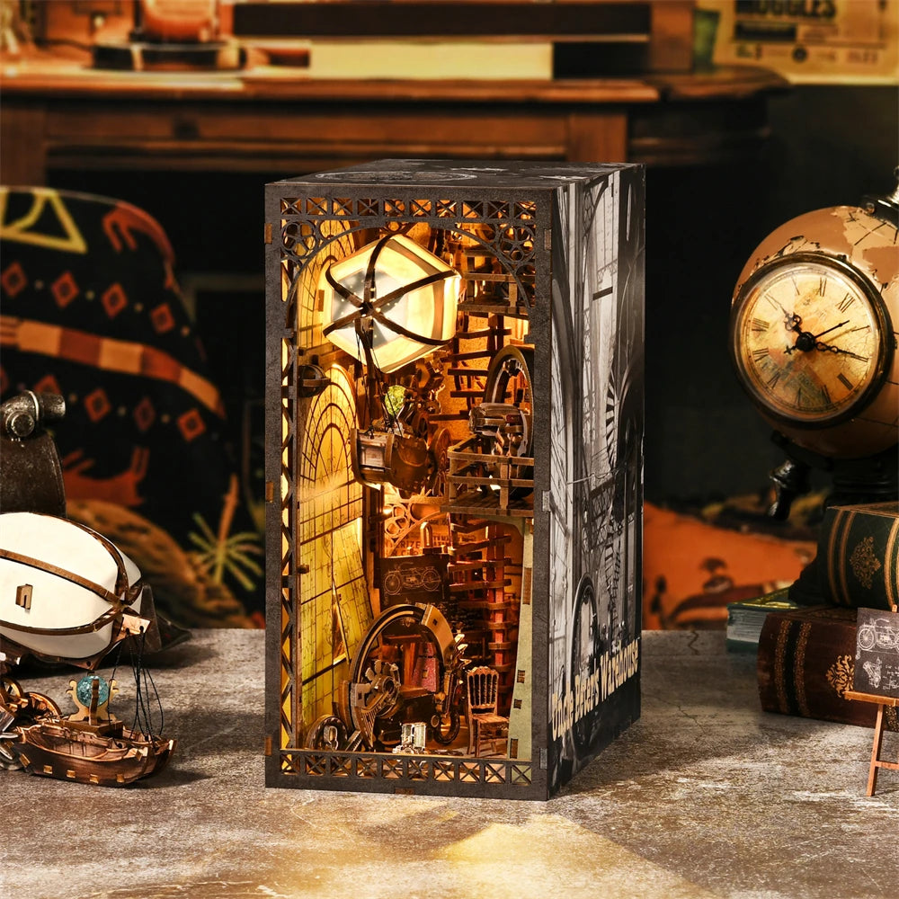 Book Nook Kit Maker's Workshop DIY Wooden Puzzle Balloon Studio Ship Bookshelf Dollhouse Model Bookend Building Home Deco