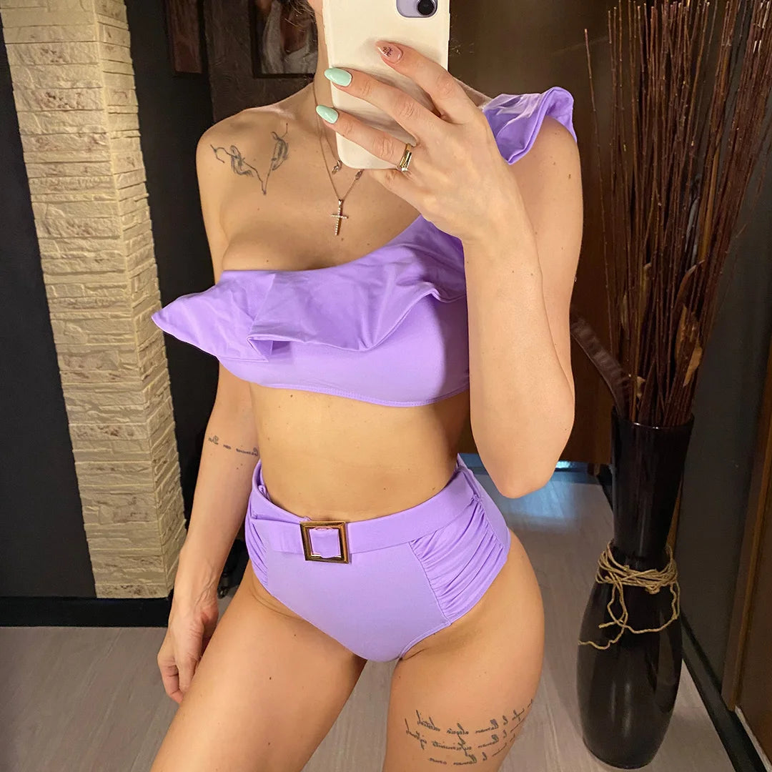One Shoulder Ruffled Female Swimsuit High Waist Bikini Women Swimwear Two-pieces Bikini set Belt Bather Bathing Suit Swim K2866C