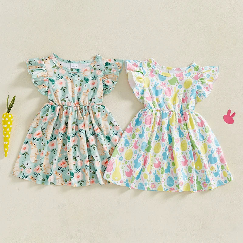 Baby Girl Easter Outfit Pink Floral Print Ruffle Sleeve Round Neck A-Line Dress for Spring and Summer Celebrations