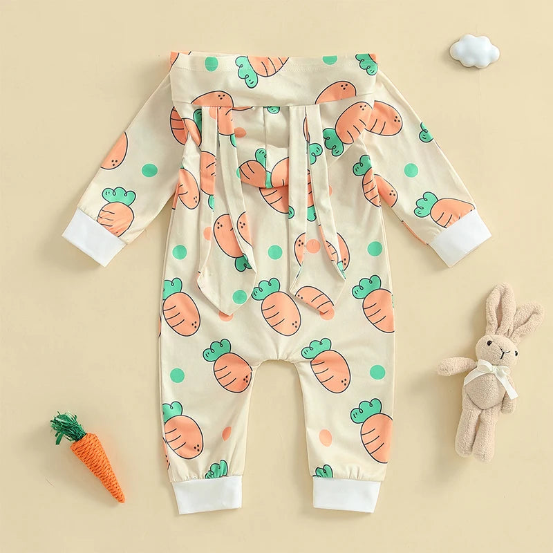 Easter Bunny Print Cotton Blend Long Sleeve Rompers for Infant Boys and Girls Hooded Spring Bodysuits with Cute Rabbit Design
