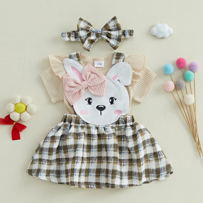 Toddler Girls 3-Piece Spring Outfits Short Sleeve Bodysuit Floral Skirt Headband Set Infant Clothes for Easter Party