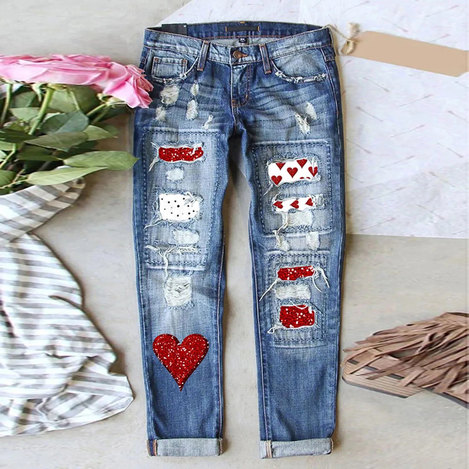 New In Plus Size Jeans For Women Denim Valentine's Day Jeans Printed Hole Thickened Trousers Vintage Jeans For Women Teen Girl