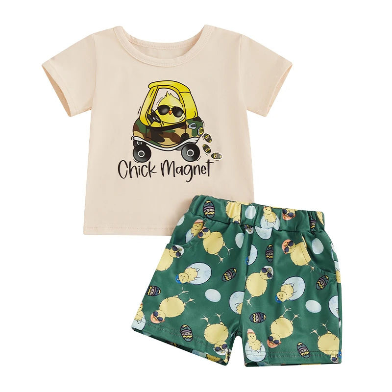 Baby Easter Outfit Bunny Print Short Sleeve Shirt and Shorts Set with Elastic Waistband for Comfort