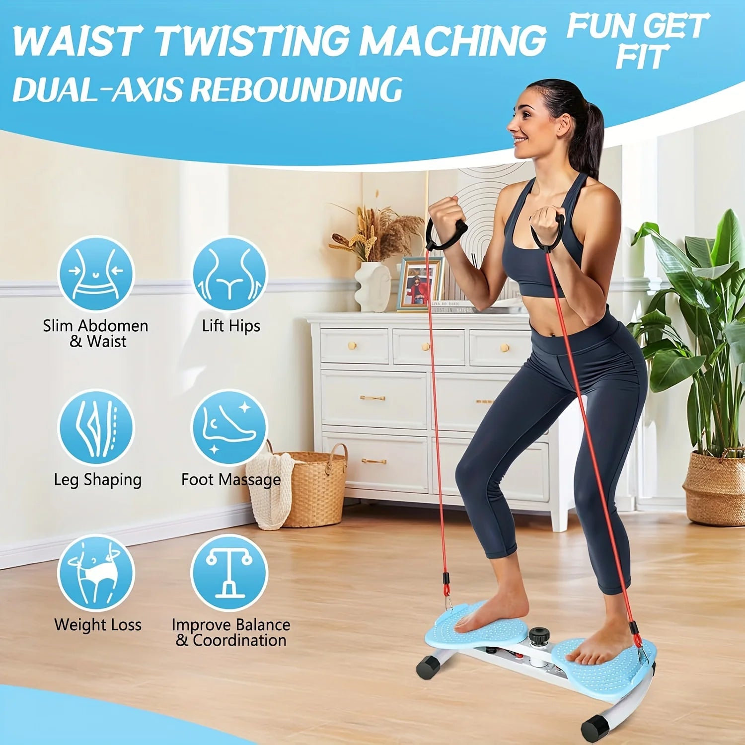 Twist Waist Plate, 20.87 Inch Waist Twister Machine with 2x30 Inch Ropes, 300 lbs Capacity Ab Twisting Fitness for Men & Women