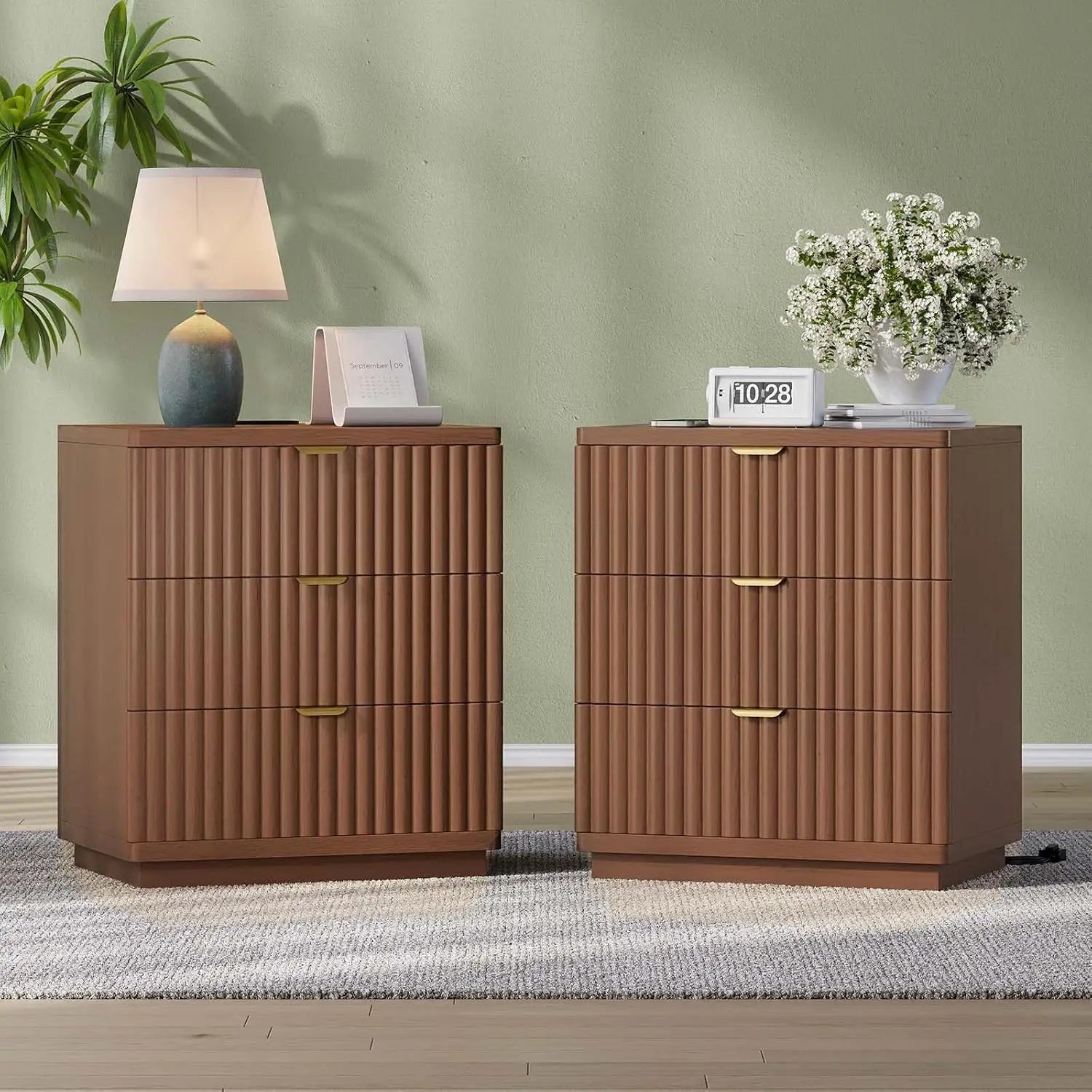 Nightstands Set of 2, Fluted Nightstand with Charging Station and 3 Drawer Storage, Large Modern Bedside Table,, Customized