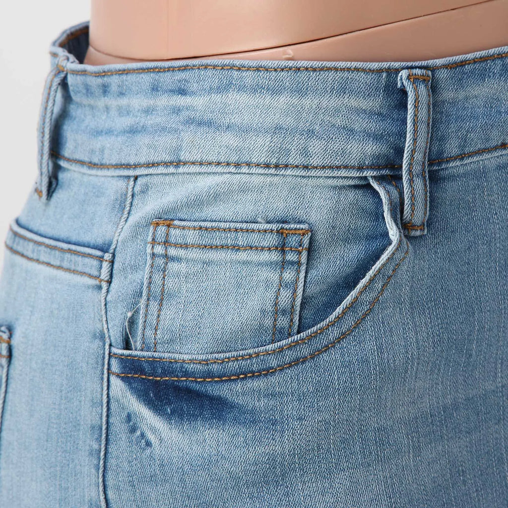 Women Casual Jean Pants Simple Fashion Ripped Make Old High Waist Belt Slim Fit Look Thin Cropped Jeans Trousers With Pocket