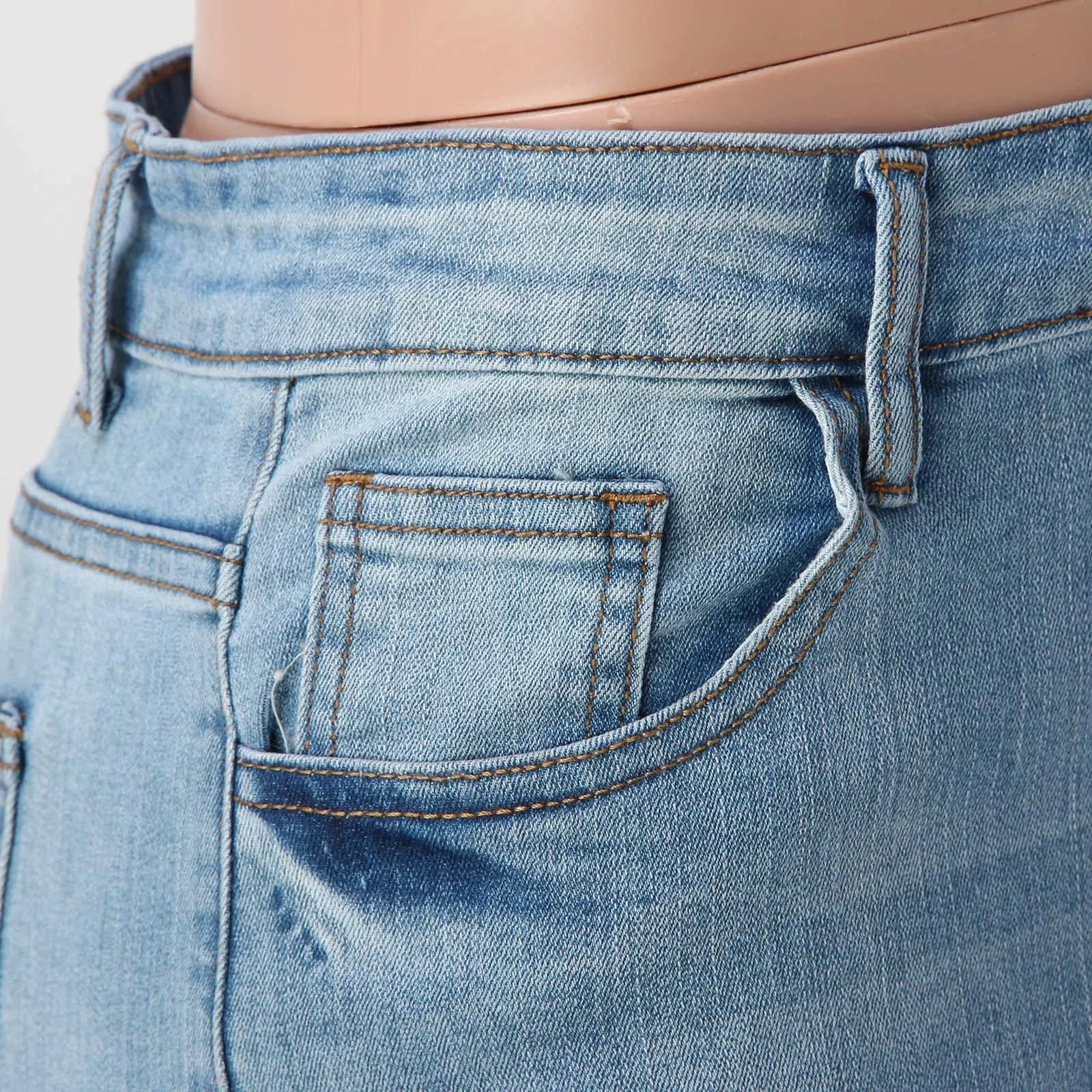 Women Casual Jean Pants Simple Fashion Ripped Make Old High Waist Belt Slim Fit Look Thin Cropped Jeans Trousers With Pocket