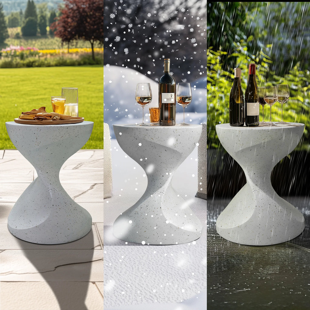 Hourglass Shaped Lightweight Concrete Side Table White Bedside Accent End Table for Living Room, Balcony