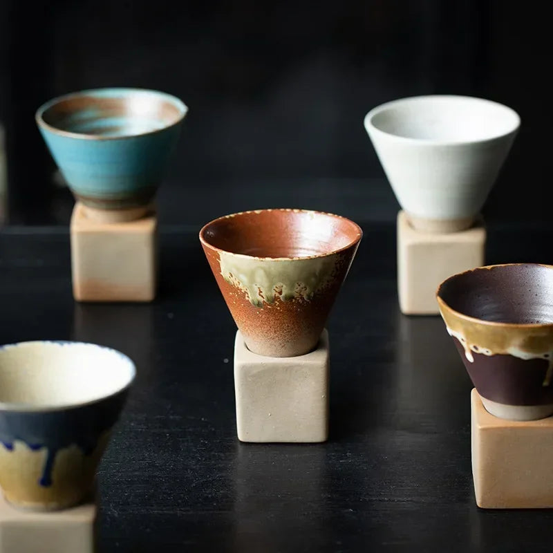 Coarse Pottery Creative Coffee Cup with Base Japanese Retro Conical Ceramic Cups Minimalist Latte Mug  Stoneware Master Teacup