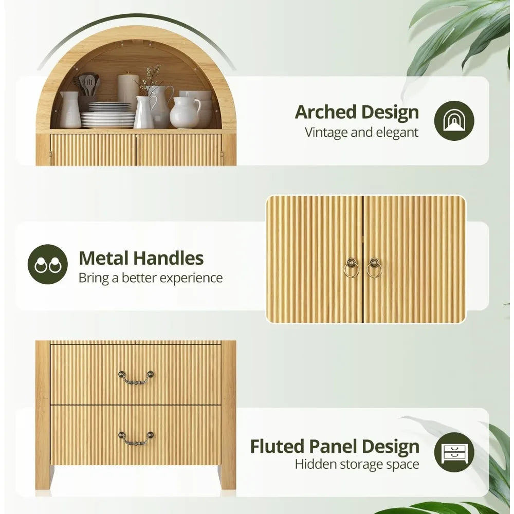 Fluted Arched Cabinet with Doors, Wood Pantry Storage Cabinet with Large Drawers, Modern Versatile Bookcase ,Customized