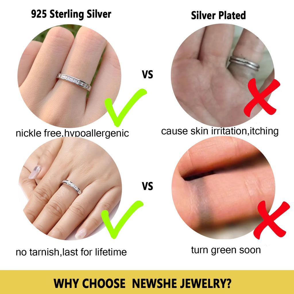 Newshe 925 Silver Wedding Bands for Women Princess AAAAA Cubic Zircon Diamond Stackable Eternity Finger Rings Quality Jewelry