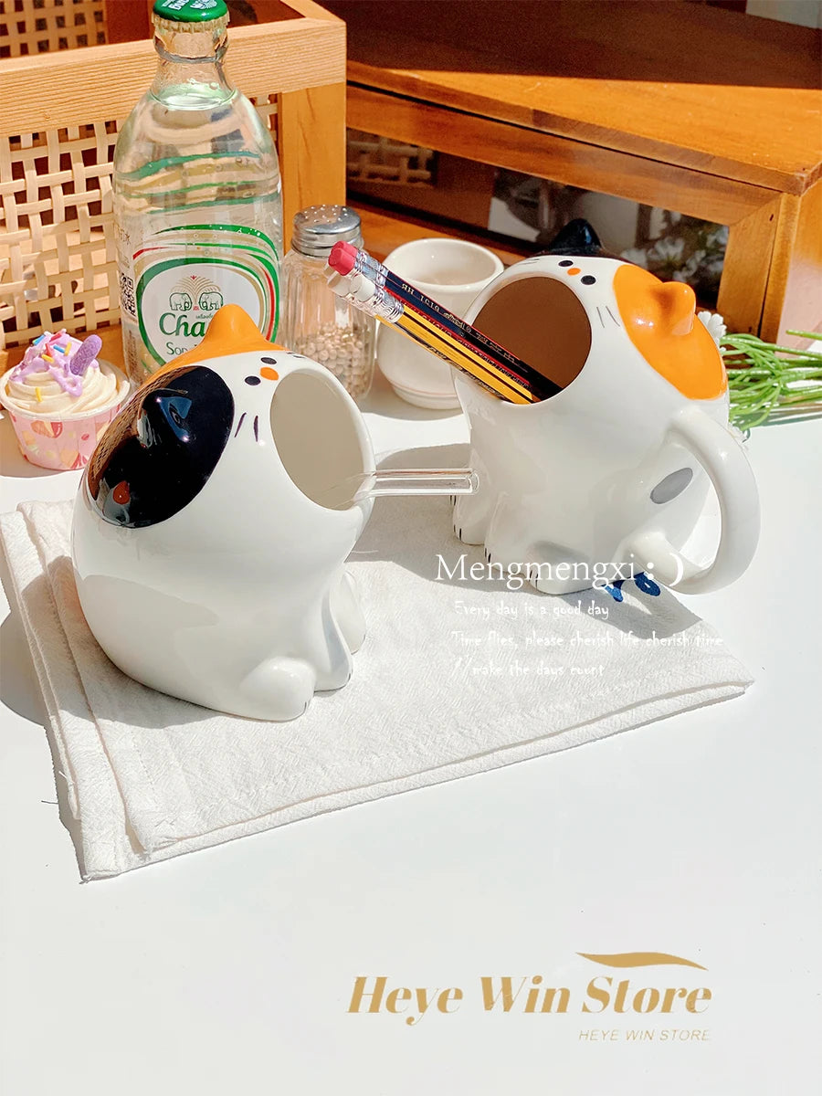 Cute Cat Mug, Cartoon Calico Cat Storage Rack, Desktop Pen Holder, Fun Gift Straw Cup, High-value Breakfast Milk Cup