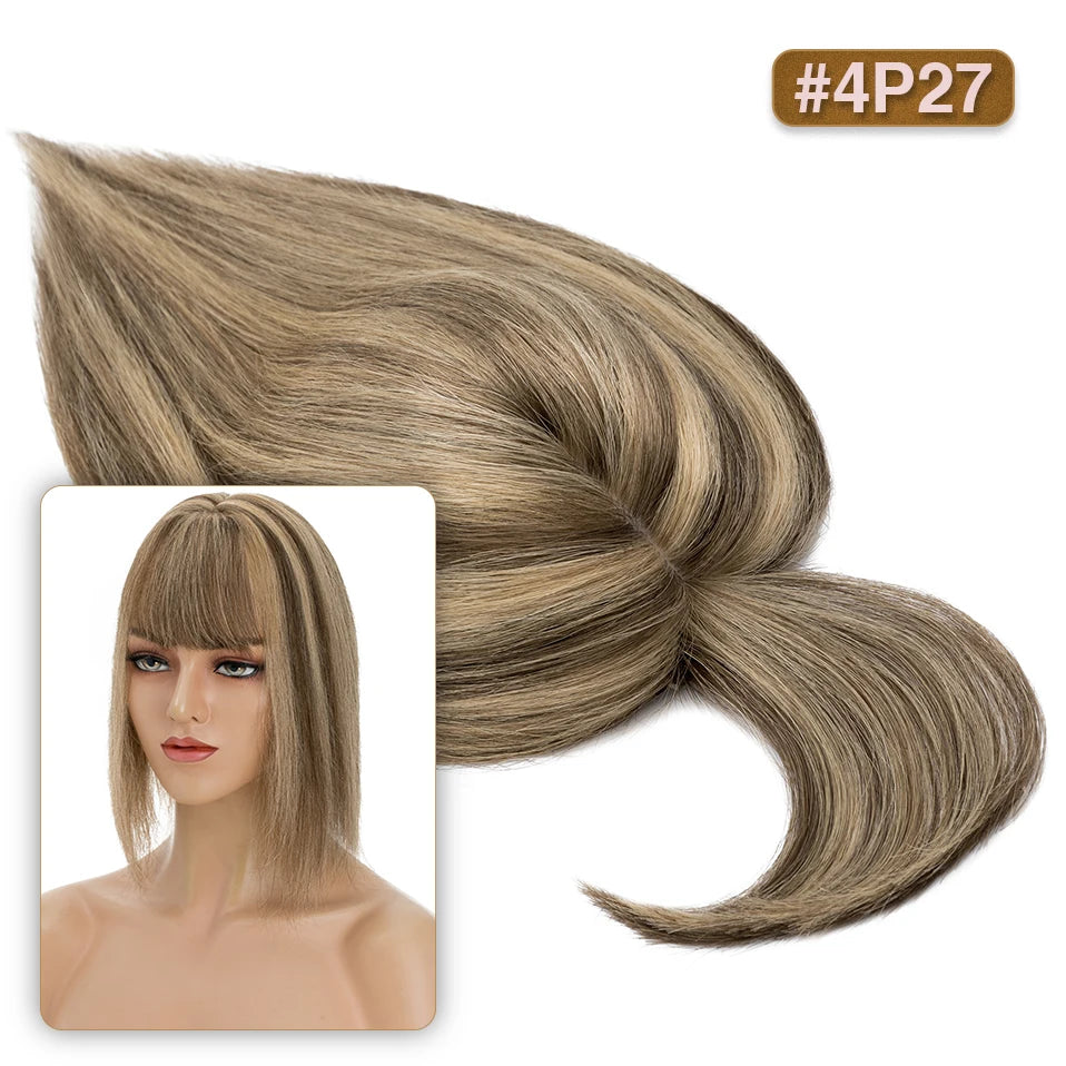 S-noilite Natural Hair Topper Wig for Women 10x12cm with Silk Base 3.5x9cm Human Hair Piece with Bangs Hair Clip Included