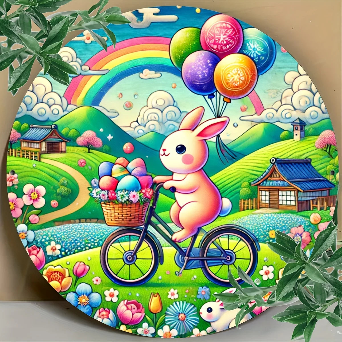 Vintage Bunny on Bicycle Aluminum Metal Sign - Round Easter Decor for Kitchen & Patio, Perfect for Home Decoration