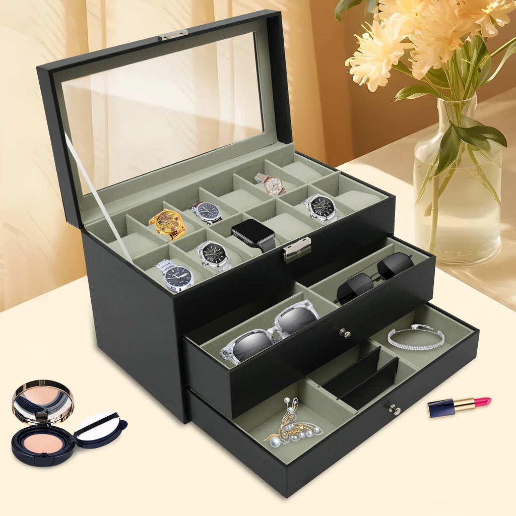 3 Tiers Jewelry Box Watch Display Case Display Desktop With Glass Top Jewelry Cabinet Storage Collection Organizer Black