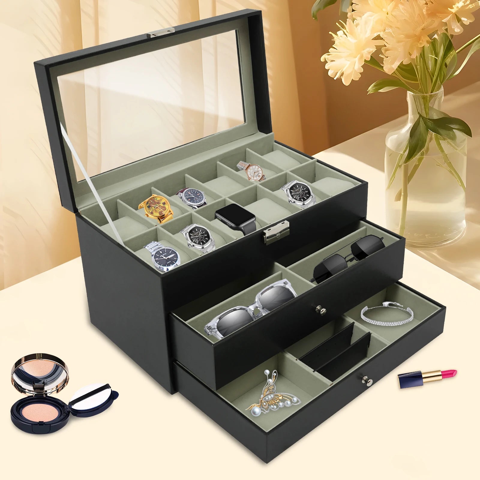 3 Tiers Jewelry Box Watch Display Case Display Desktop With Glass Top Jewelry Cabinet Storage Collection Organizer Black