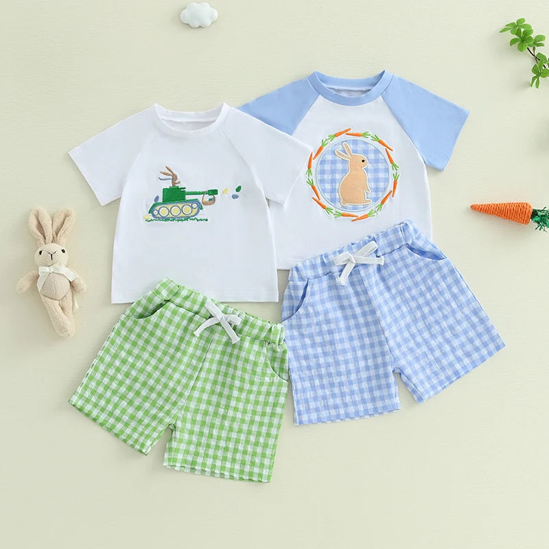 Toddler Boys Easter Outfits Adorable Bunny Embroidery Short Sleeve T-Shirt and Plaid Shorts Set for 2 Piece Clothing Ensemble