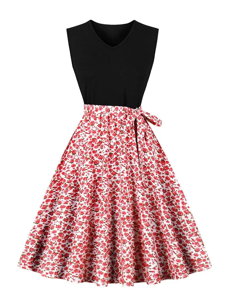 Retro Vintage Women's Summer Dress V-Neck Sleeveless High Waist Chic Floral Print with Belt 50s Style