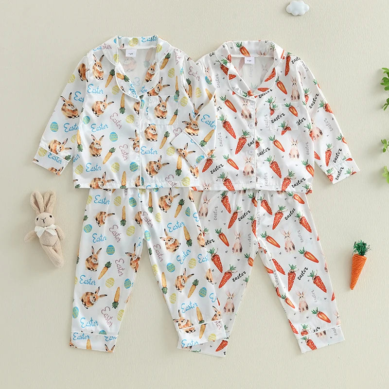 Children s Easter Pajama Set Adorable Bunny and Carrot Print Pajamas with Long Sleeve Top and Matching Pants for Boys
