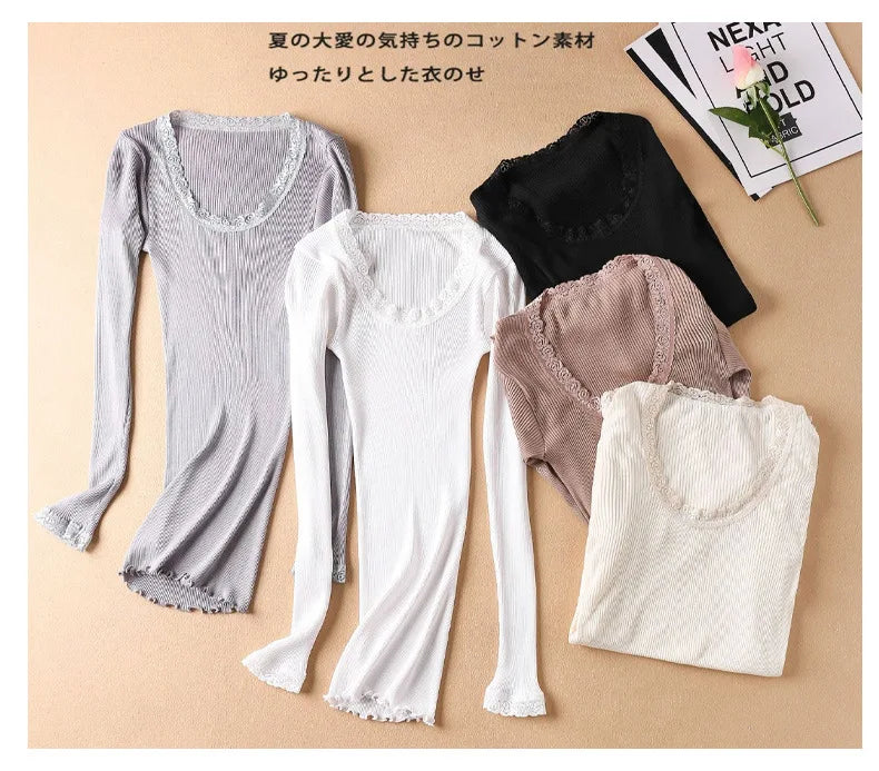 Autumn and Winter Mulberry Silk Women's Warm Underwear Round Neck Silk Lace Edge Long Sleeve Bottom Shirt Slim Fit