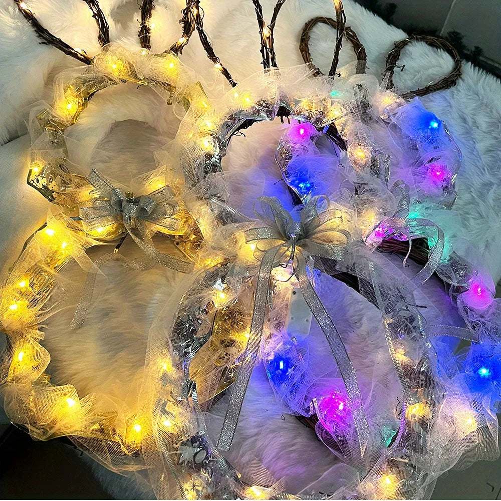23.6in Large Easter Bunny Wreath with Led Lights, Battery-Powered, Foldable, Glowing Rabbit Wreath Pendant for Easter