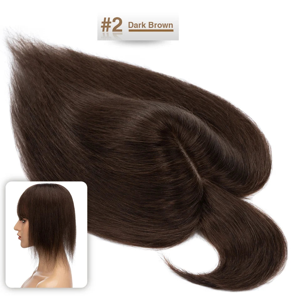 S-noilite Women Toppers Hair With Bangs Human Hair 7x13cm Silk Base Hair Cilp Wig Clip In Hair Extensions Hairpiece Natutal Hair