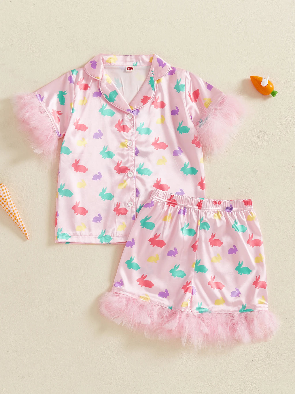 Easter 2-Piece Pajama Set with Short Sleeve Lapel Bunny Print Shirt and Shorts for Comfortable Sleepwear