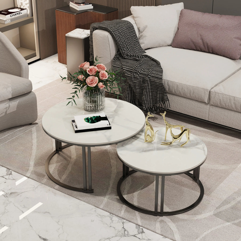 Circle Nesting Coffee Table Set of 2, Modern Chic Round Nested Center Coffee Table with Sinter Stone-top Stacked Sofa Side Table