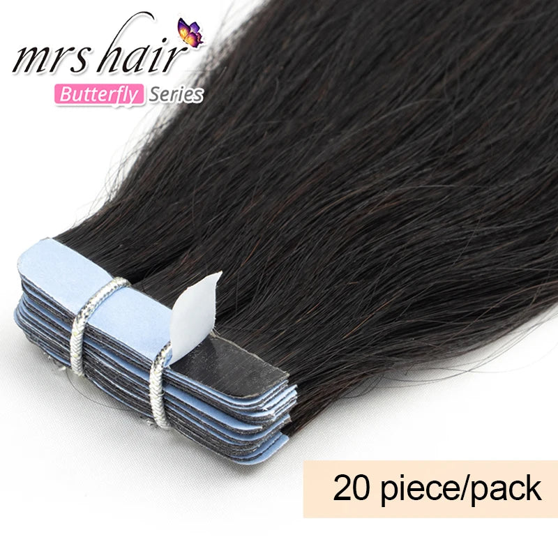 MRS HAIR Silky Straight Tape in Human Hair Extensions Remy Skin Weft Tape Hair Extension 12-24 inch 20pcs/pack 1B Natural Black