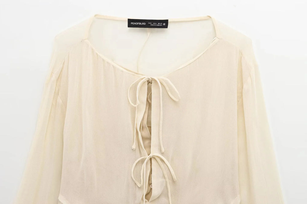 Spring New Product Spicy Girl High End Layered Decoration Romantic Style Translucent Trumpet Sleeve Shirt