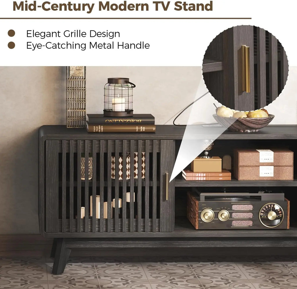 IRONCK 63'' TV Stand for TVs Up to 70", TV Console with 2 Sliding Doors in Grille Design & Charging Station, for Living Room