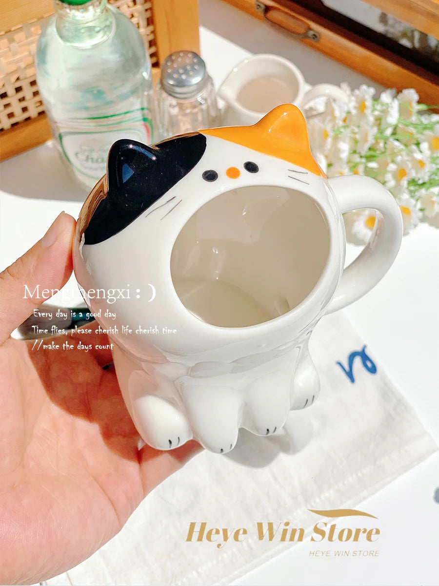 Cute Cat Mug, Cartoon Calico Cat Storage Rack, Desktop Pen Holder, Fun Gift Straw Cup, High-value Breakfast Milk Cup