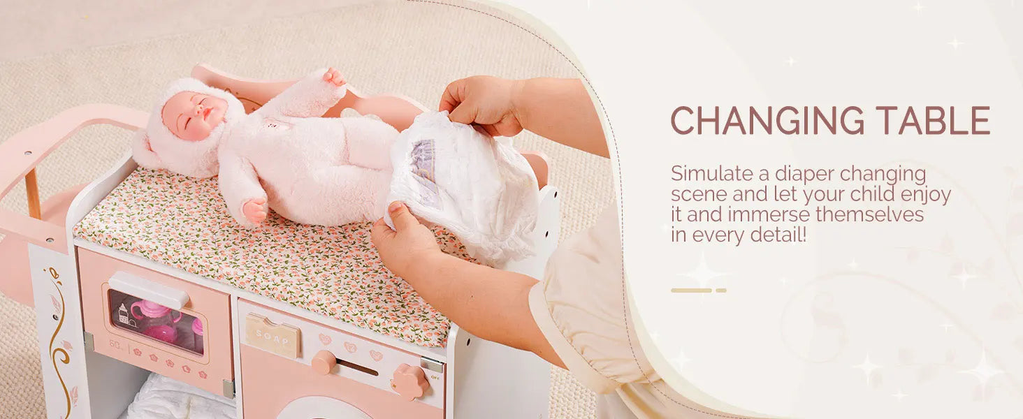 Robud Wooden 6-in-1 Baby Doll Changing Table with Baby Doll Crib Washing Machine Bottle Sterilizer Storage Area for Kids in Pink