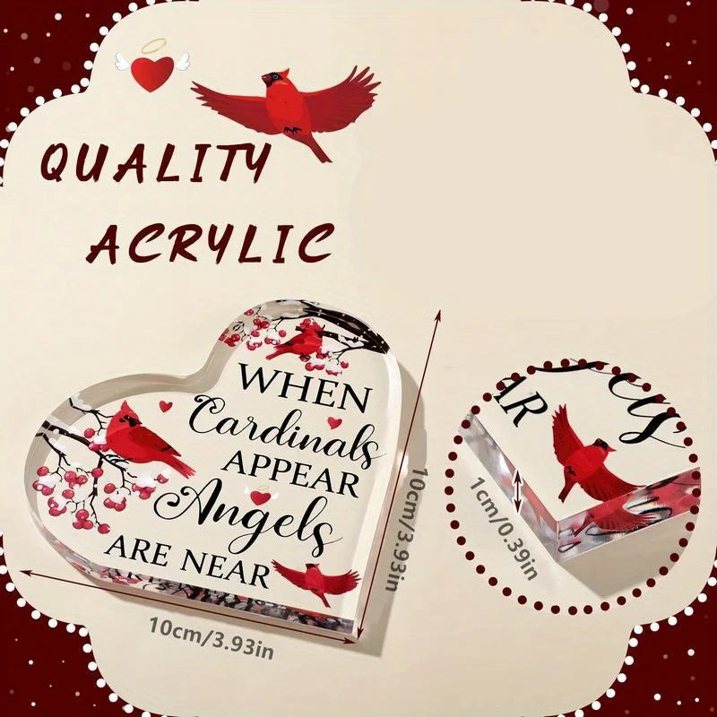 Red Cardinal Memorial Gifts – Crystal Acrylic Heart. Xmas Centerpiece, Sympathy for Loss.