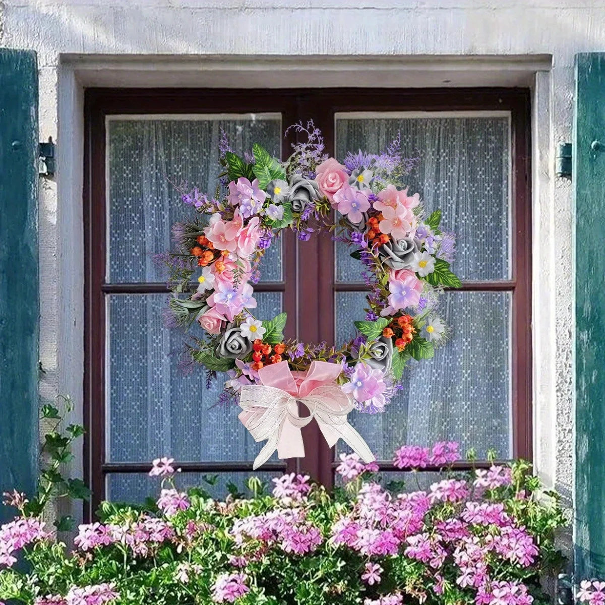 Spring Rose Daisy Wreath, 15.7in Spring Summer Bow Artificial Wreath for Front Door Easter Spring Wreath Home Wall