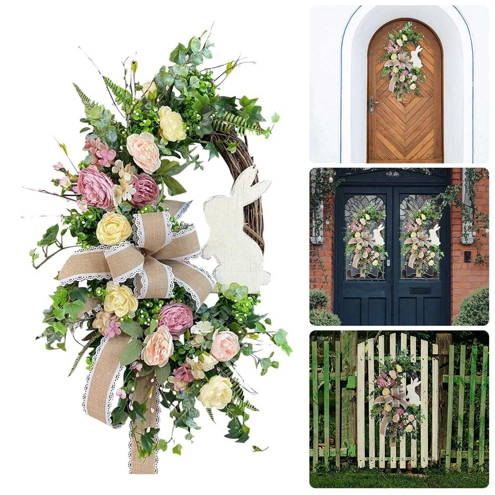 Easter Bunny Wreath Spring Wreath with Bow Artificial Flower Wreath Hanging Wreath for Front Door Easter Decorations