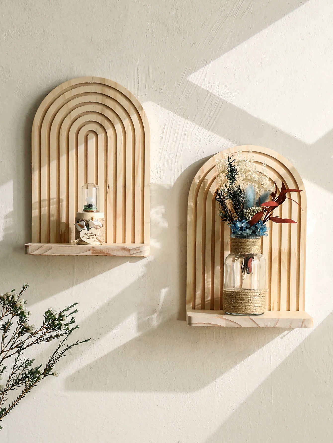 1pc Wooden Wall Shelves Boho Rustic Arch Floating Wall Mounted Shelf Plants Holder Vase Display Stand Home Decor Storage Rack