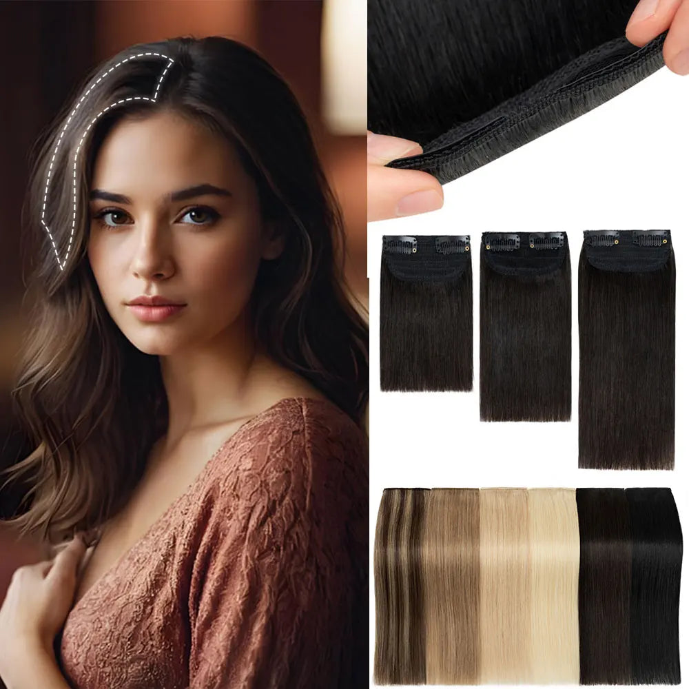 100% Human Hair Topper Invisable Straight Hair Pads Clip In One Piece 2Clips Increase Hair volume Hair Extensions Top Side Cover