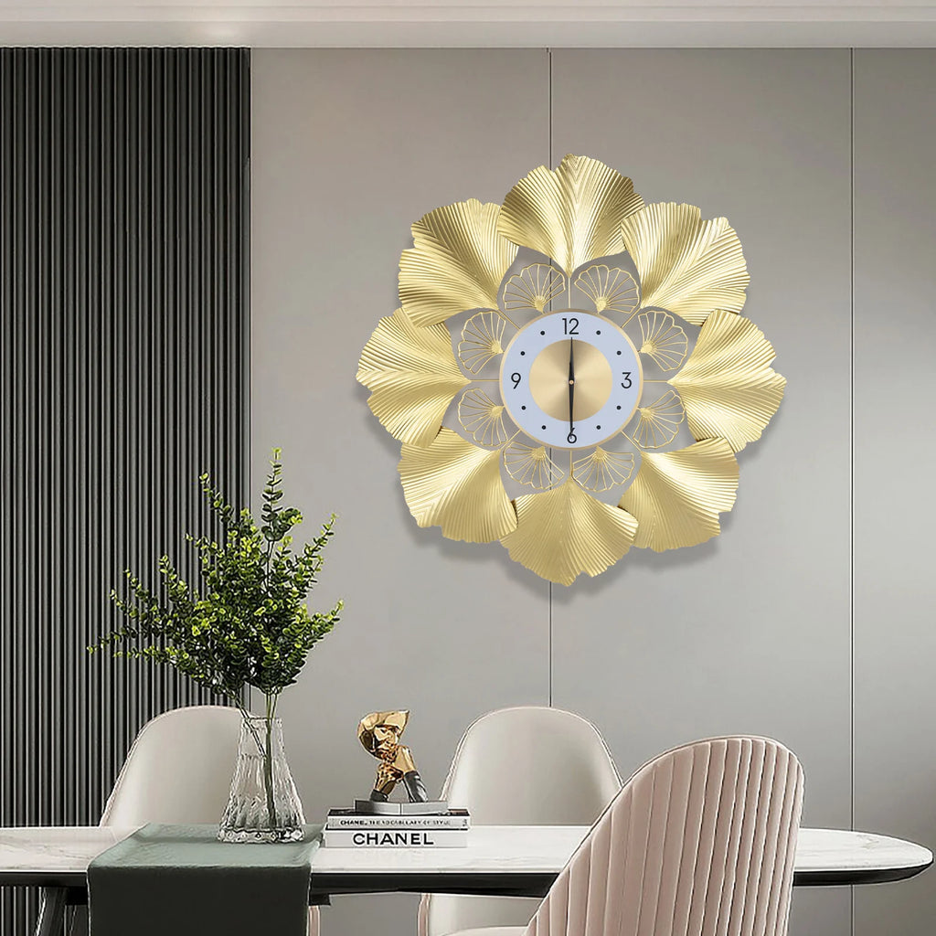 Ginkgo Wall Clock 3D Creative Ginkgo Wall Clock Golden Dial Design Silent Scanning Second Movement Digital Display Study Office