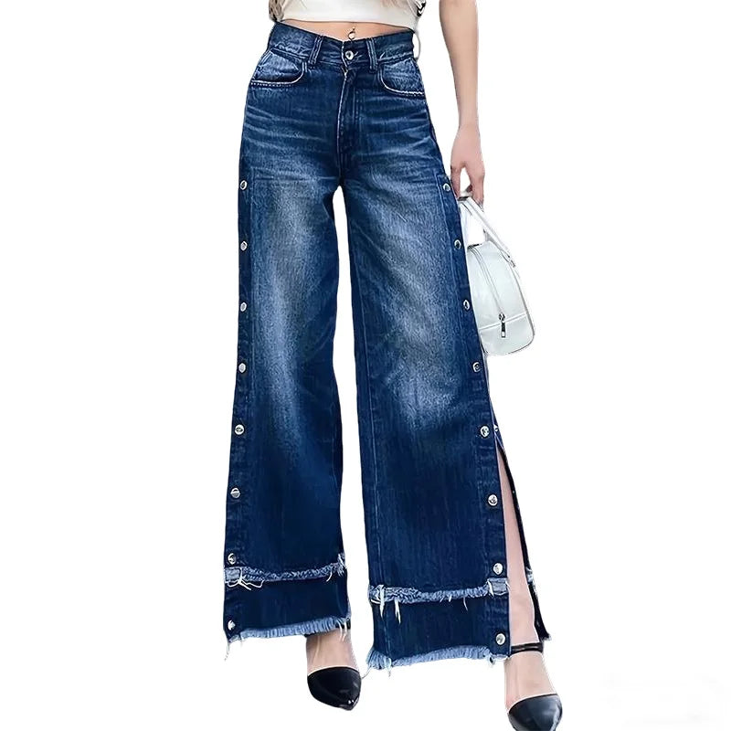 Women's casual wide-leg jeans, mid-rise, fashionable adjustable side buttons, double-layer frayed hem, ankle-length, essential f