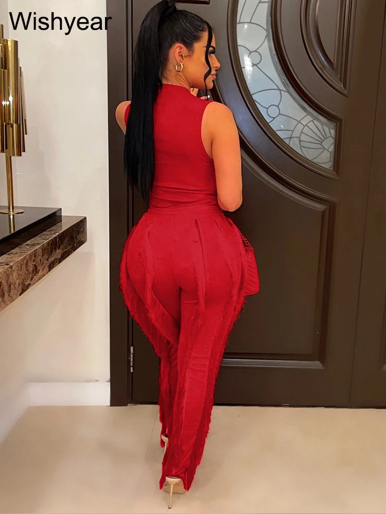 Fashion Sleeveless Top and Drawstring High Waist Fringed Straight Pants Tassel Two Piece Sets Women Streetwear Autumn Tracksuit